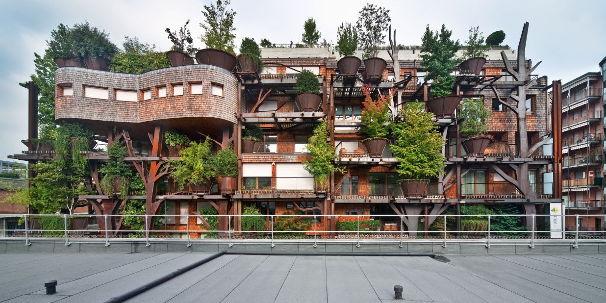 Steel beams support the tree-covered terraces around Luciano Pia's sustainable apartment. The more than 150 trees -- which are sustained with irrigated rainwater -- reduce air pollution by absorbing carbon dioxide, provide shade, and muffle noise for residents. 