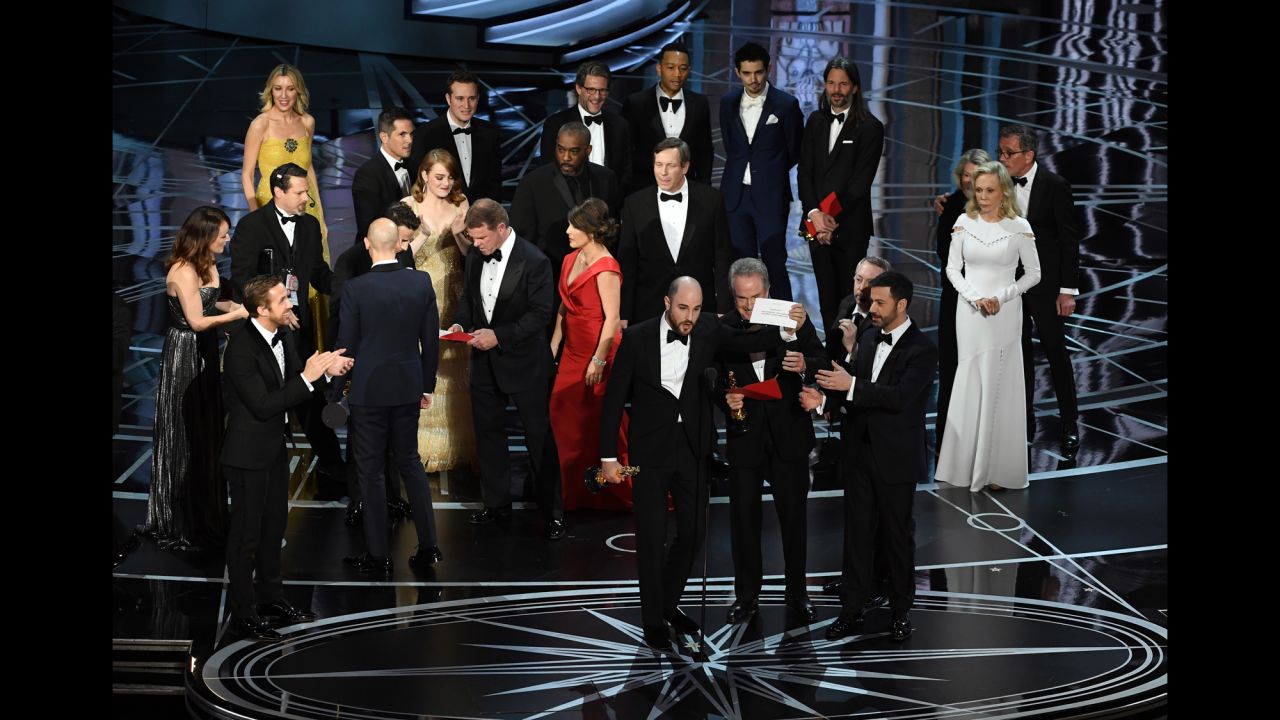 "La La Land" producer Jordan Horowitz holds up the winner card to the audience, proving that there was a mistake and that "Moonlight" had actually won the Academy Award for best picture on Sunday, February 26. "La La Land" was initially announced as the winner, but presenter Warren Beatty explained to the crowd that he was given the wrong envelope. <a href="http://www.cnn.com/2017/02/27/entertainment/gallery/oscar-announcement-mistake/index.html" target="_blank">See how the scene unfolded</a>