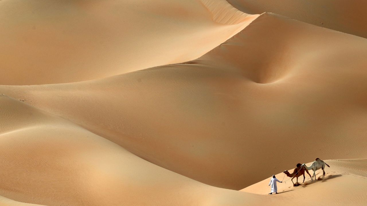 A man and his camels walk across the Hameem desert, about 100 miles west of Abu Dhabi, United Arab Emirates, on Friday, February 24.