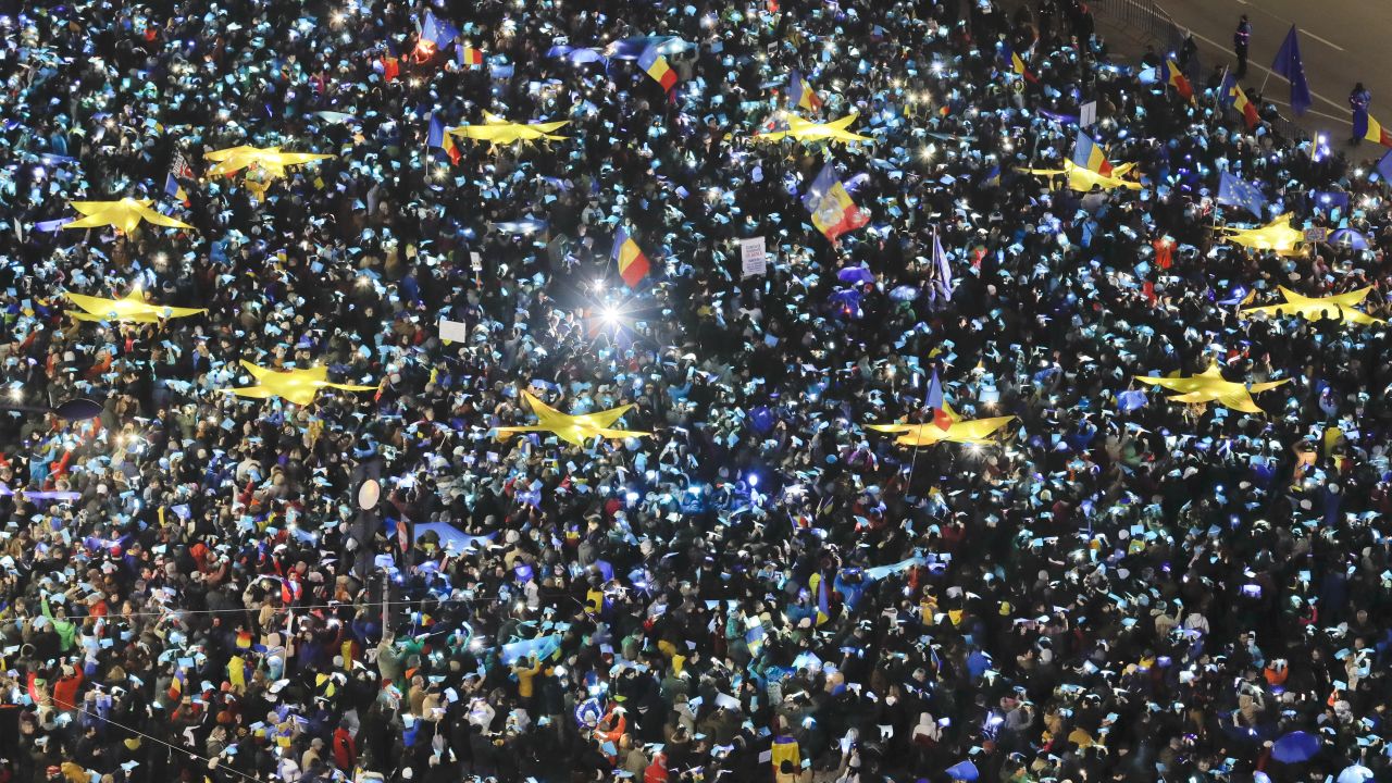 People form the flag of the European Union during an anti-government protest in Bucharest, Romania, on Sunday, February 26. Romanian Justice Minister Florin Iordache <a href="http://www.cnn.com/2017/02/09/europe/romania-justice-minister-resigns/" target="_blank">resigned earlier in the month</a> over a controversial government decree that would have protected many politicians from being prosecuted for corruption offenses.