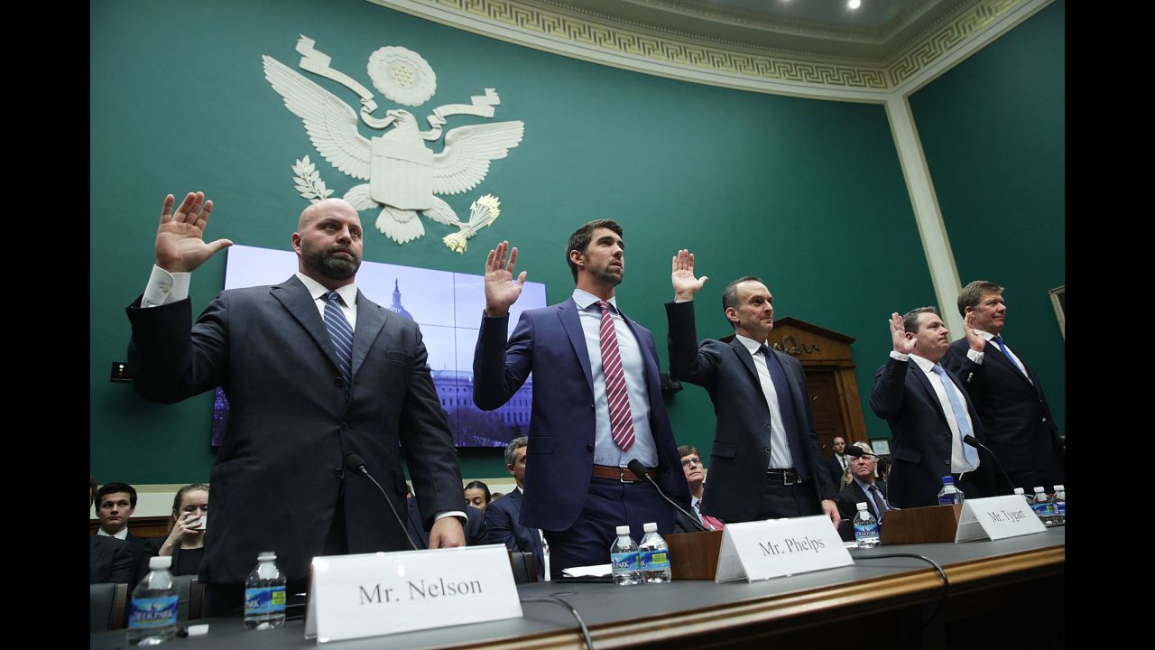 Olympic gold medalists Adam Nelson and Michael Phelps are among those sworn in before a House committee in Washington on Tuesday, February 28. They were calling for greater international policing of doping in sports. "I don't believe I've stood up at an international competition and the rest of the field has been clean," <a href="http://www.cnn.com/2017/03/01/sport/michael-phelps-house-of-representatives-evidence/" target="_blank">said Phelps,</a> the most decorated Olympian of all time. "I don't think I've ever felt that."