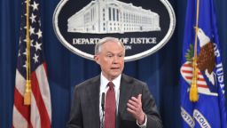 US Attorney General Jeff Sessions speaks during a press conference at the US Justice Department on March 2, 2017, in Washington DC.Sessions announced Thursday that he would recuse himself from any investigations into President Donald Trump's 2016 election campaign. But after receiving a strong endorsement from Trump, Sessions did not bow to pressure to step down over charges he lied to Congress about his contacts with the Russian ambassador before the election. / AFP PHOTO / Nicholas Kamm        (Photo credit should read NICHOLAS KAMM/AFP/Getty Images)