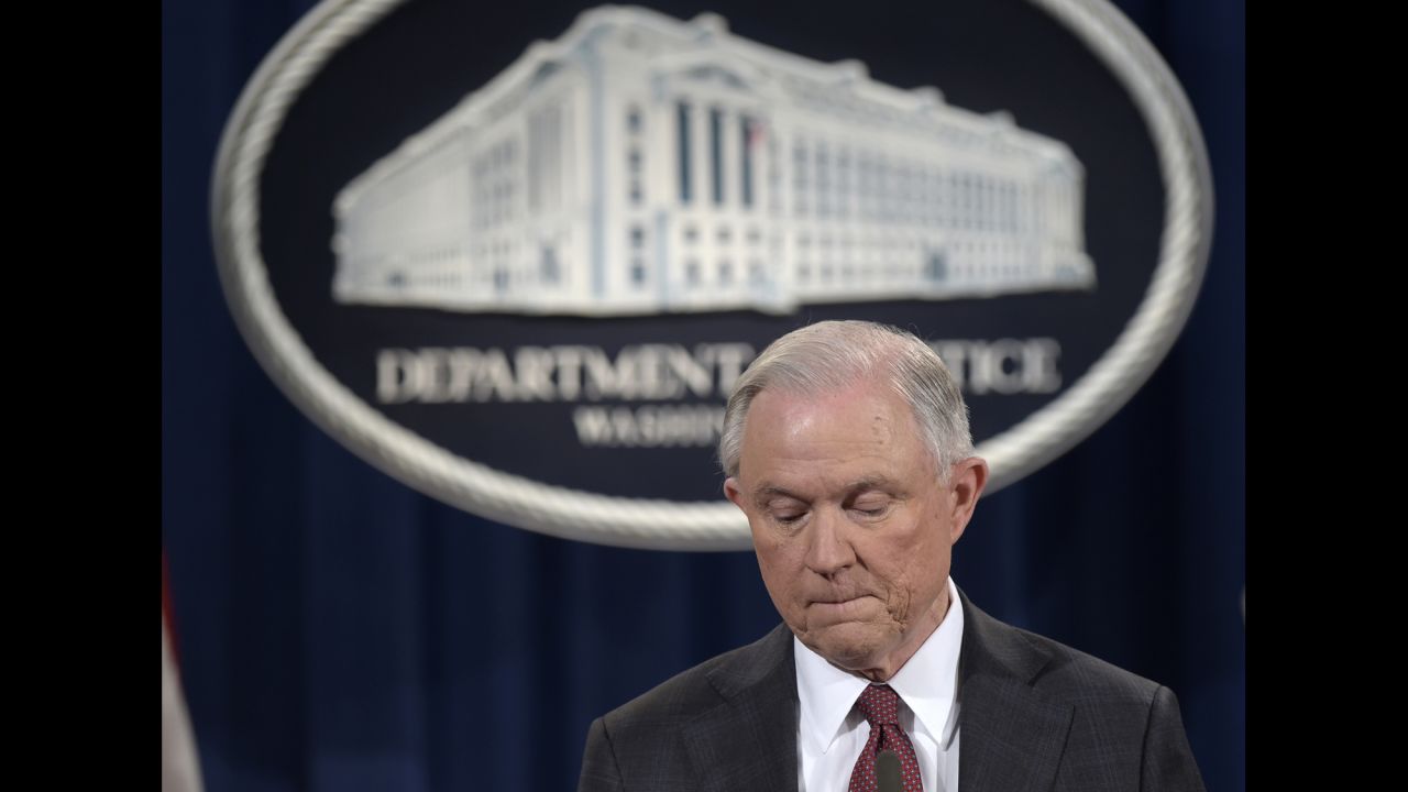 US Attorney General Jeff Sessions pauses during a news conference in Washington on Thursday, March 2. In a statement, Sessions <a href="http://www.cnn.com/2017/03/02/politics/democrats-sessions-russia-resignation-call/index.html" target="_blank">recused himself</a> from any investigation related to President Trump's 2016 campaign. He made the decision after it emerged that he had failed at his Senate confirmation hearing to disclose two pre-election meetings with Moscow's ambassador to Washington. Sessions spokeswoman Sarah Isgur Flores said there was nothing "misleading about his answer" to Congress because the Alabama Republican "was asked during the hearing about communications between Russia and the Trump campaign -- not about meetings he took as a senator and a member of the Armed Services Committee." She said Sessions had more than 25 conversations with foreign ambassadors last year.