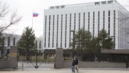 The Russian Embassy in Washington DC, on December 31, 2016. 
US President-elect Donald Trump praised Russian President Vladimir Putin for refraining from tit-for-tat expulsions of Americans in response to US punitive measures over alleged Russian interference in the November election. / AFP / CHRIS KLEPONIS        (Photo credit should read CHRIS KLEPONIS/AFP/Getty Images)