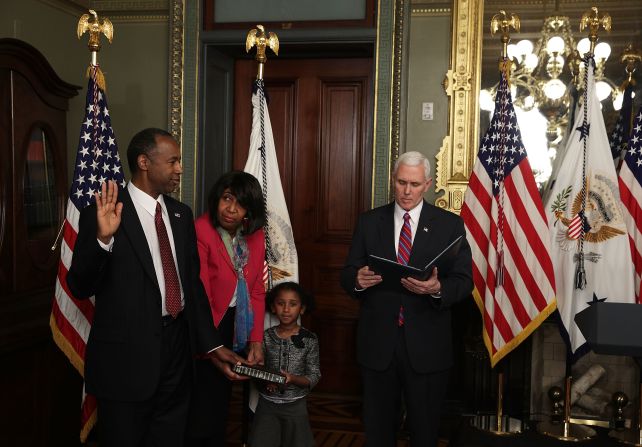 Ben Carson is joined by his wife, Candy, and his granddaughter Tesora as he is sworn in as the secretary of housing and urban development on March 2. The renowned neurosurgeon and former presidential candidate <a href="index.php?page=&url=http%3A%2F%2Fwww.cnn.com%2F2017%2F03%2F02%2Fpolitics%2Fben-carson-confirmed-as-hud-secretary%2F" target="_blank">was confirmed</a> by a vote of 58-41.