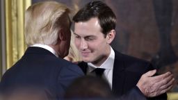 US President Donald Trump (L) congratulates his son-in-law and senior advisor Jared Kushner after the swearing-in of senior staff in the East Room of the White House on January 22, 2017 in Washington, DC. / AFP / MANDEL NGAN        (Photo credit should read MANDEL NGAN/AFP/Getty Images)