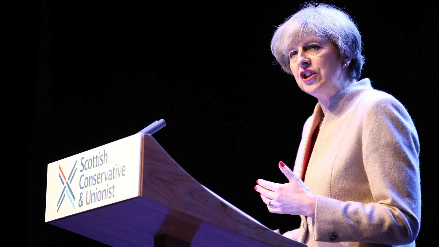 Prime Minister Theresa May speaks at the Scottish Conservatives Conference in Glasgow on Friday.
