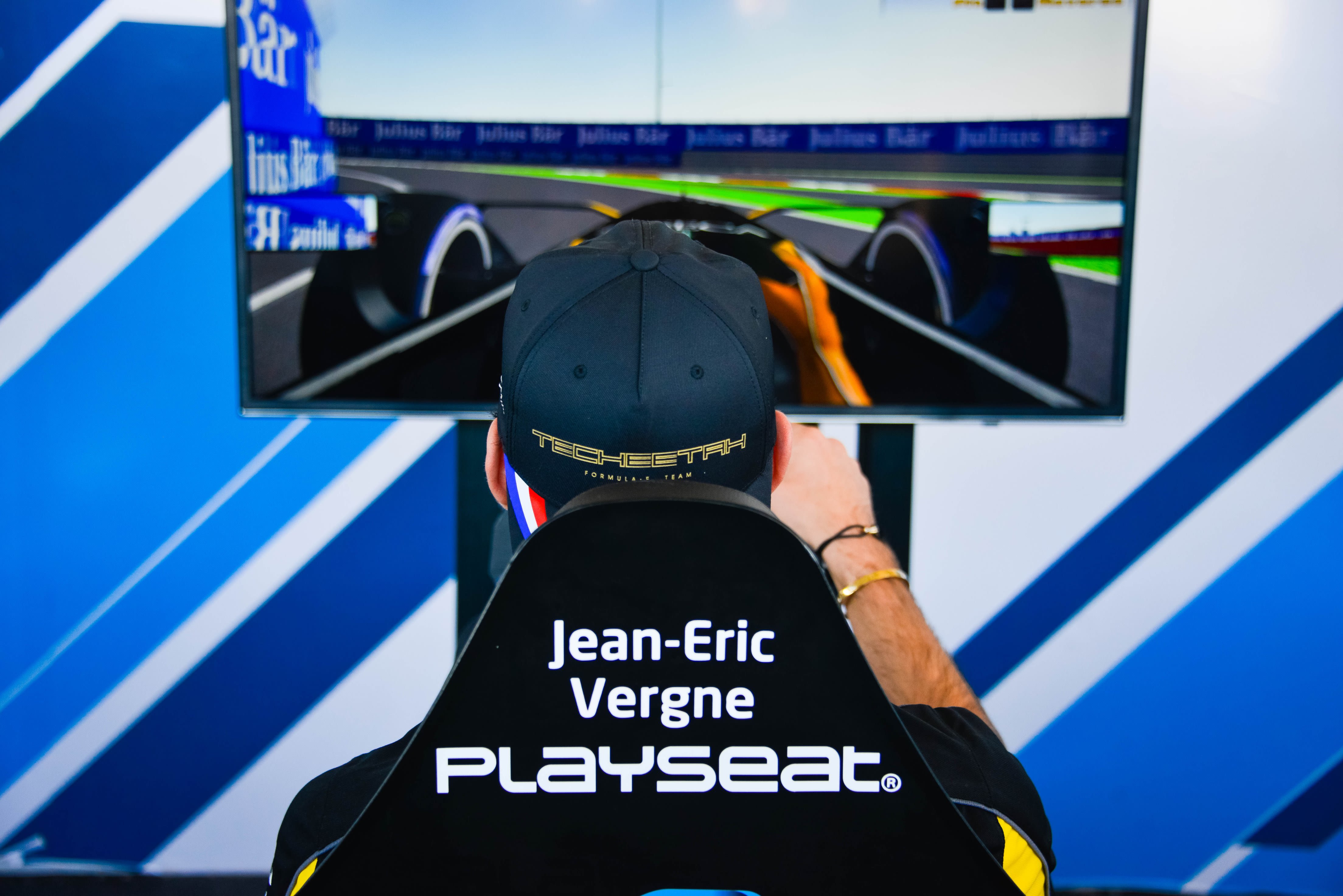 Techeetah driver Jean-Eric Vergne practices his e-gaming skills in the Marrakech eVillage.