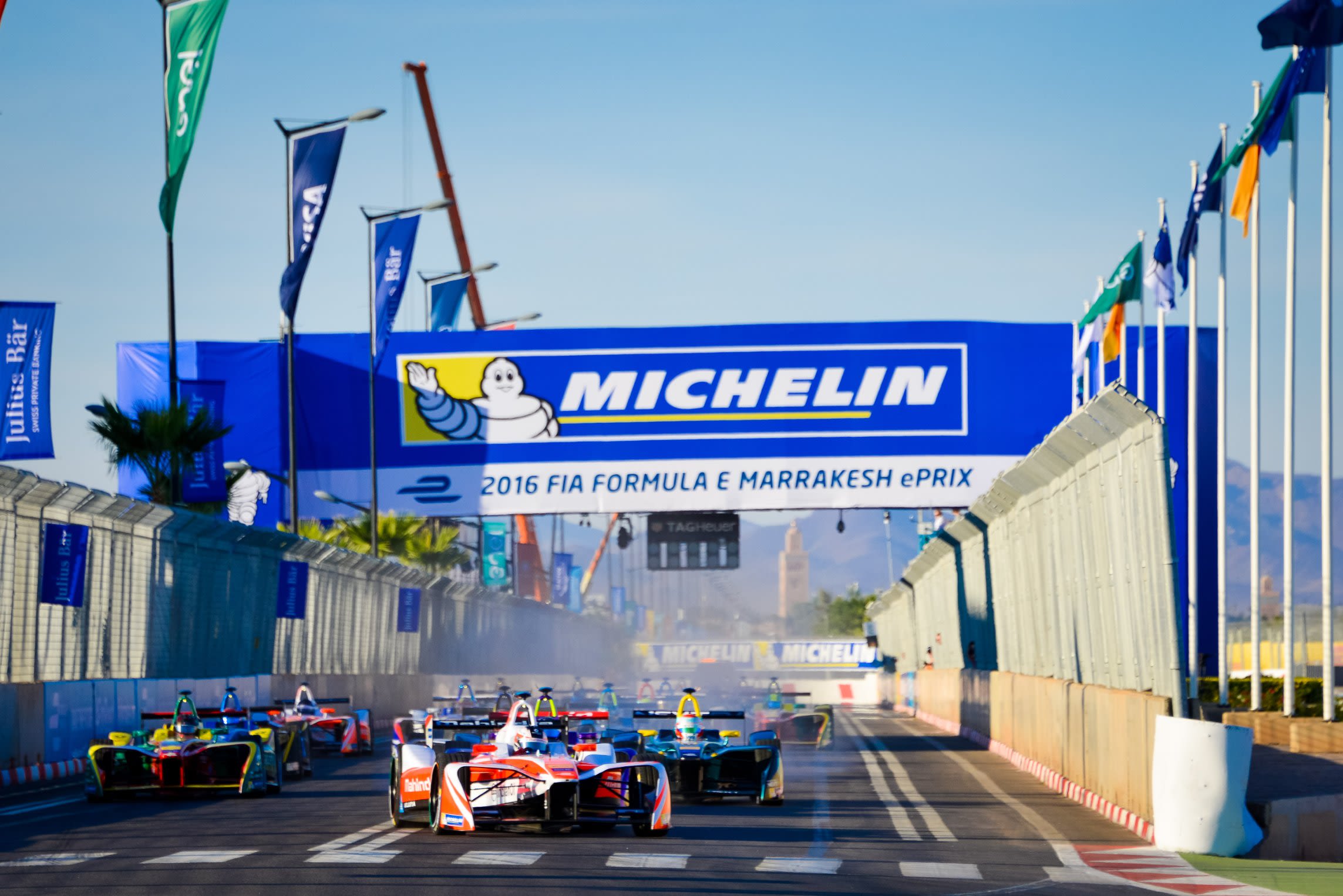 Lights out in Marrakech and it's Mahindra Racing rookie Felix Rosenqvist (center) who leads the way.