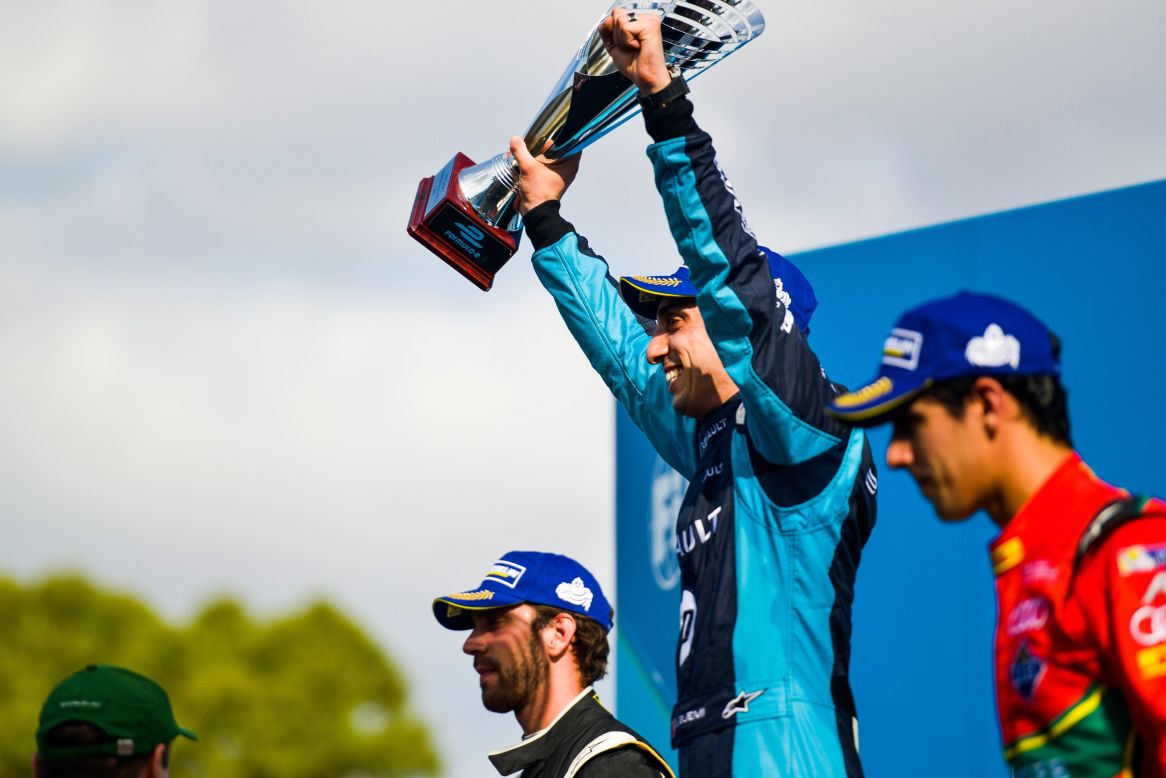 Buemi celebrates victory on the podium in Buenos Aires with Jean-Eric Vergne (left) coming home second. Di Grassi (right) was third. The Swiss' third victory of the season meant he opened up a 29-point lead over di Grassi ahead of April's Mexico ePrix. 