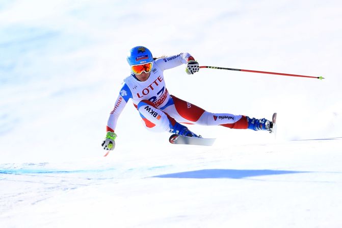 Jasmine Flury of Switzerland is momentarily air-bound at Jeongseon, where she finished 21st. 