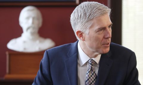 Supreme Court nominee Neil Gorsuch visits the Washington office of US Sen. Angus King on Wednesday, March 1. Gorsuch has been visiting with senators from both parties.