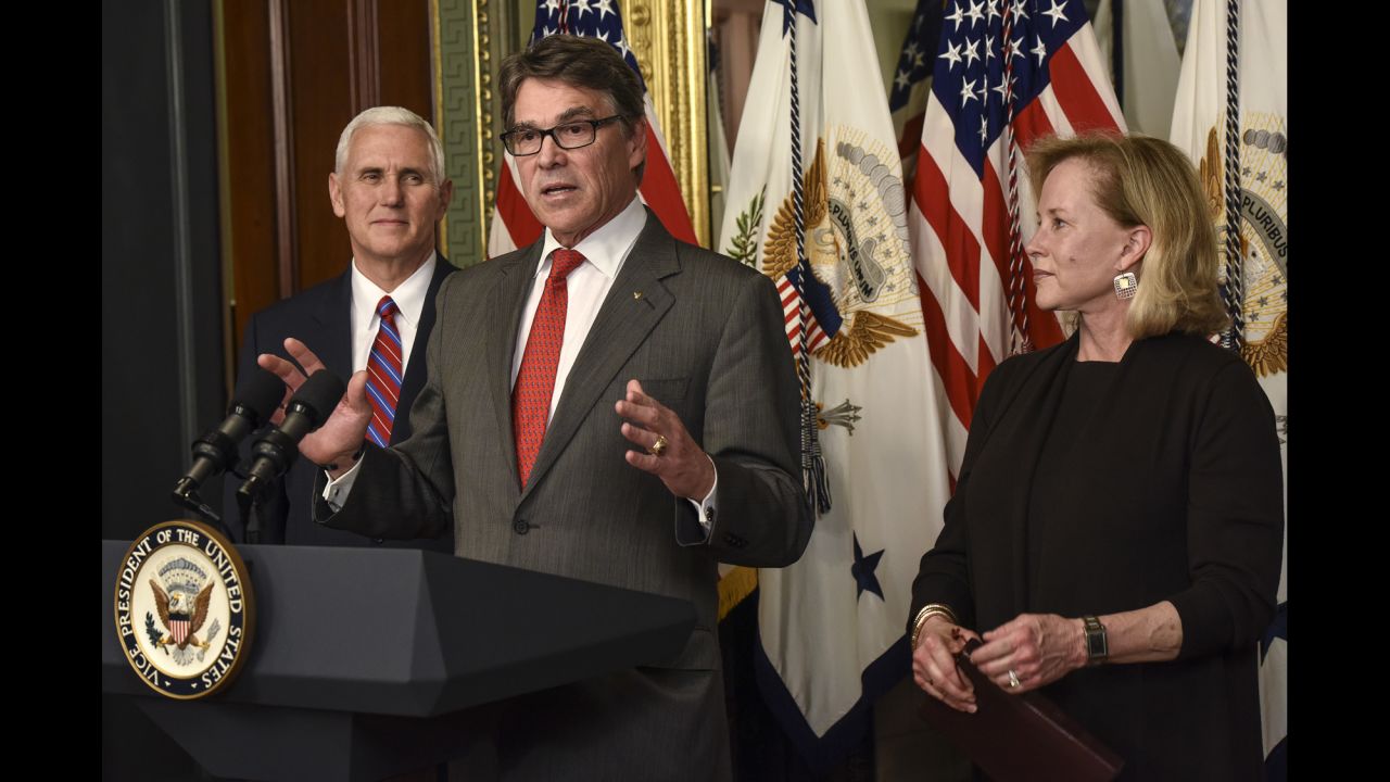 New Energy Secretary Rick Perry speaks at his swearing-in ceremony in Washington on Thursday, March 2. The former Texas governor -- flanked by his wife, Anita, and Vice President Mike Pence -- <a href="http://www.cnn.com/2017/03/02/politics/ben-carson-confirmed-as-hud-secretary/" target="_blank">was confirmed</a> by a Senate vote of 62-37. <a href="http://www.cnn.com/2017/01/10/politics/gallery/trump-cabinet-confirmation-hearings/index.html" target="_blank">See Trump's nominees and their confirmation hearings</a>
