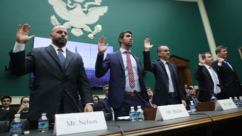 Olympic gold medalists Adam Nelson and Michael Phelps are among those sworn in before a House committee in Washington on Tuesday, February 28. They called for greater international policing of doping in sports. "I don't believe I've stood up at an international competition and the rest of the field has been clean," <a href="http://www.cnn.com/2017/03/01/sport/michael-phelps-house-of-representatives-evidence/" target="_blank">said Phelps,</a> the most decorated Olympian of all time. "I don't think I've ever felt that."