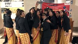 An all female Air India crew took a selfie in the San Francisco airport during their record setting round-the-world trip from India to San Francisco. This is the first time an all women crew flew around the world. 