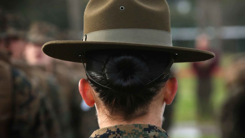 PARRIS ISLAND, SC - FEBRUARY 27:  Drill Instructor SSgt. Linda Vansickle from Pensacola, Florida speaks to her female Marine recruits during boot camp February 27, 2013 at MCRD Parris Island, South Carolina. Female enlisted Marines have gone through recruit training at the base since 1949. About 11 percent of female recruits who arrive at the boot camp fail to complete the training, which can be physically and mentally demanding. On January 24, 2013 Secretary of Defense Leon Panetta rescinded an order, which had been in place since 1994, that restricted women from being attached to ground combat units. About six percent of enlisted Marines are female.  (Photo by Scott Olson/Getty Images)