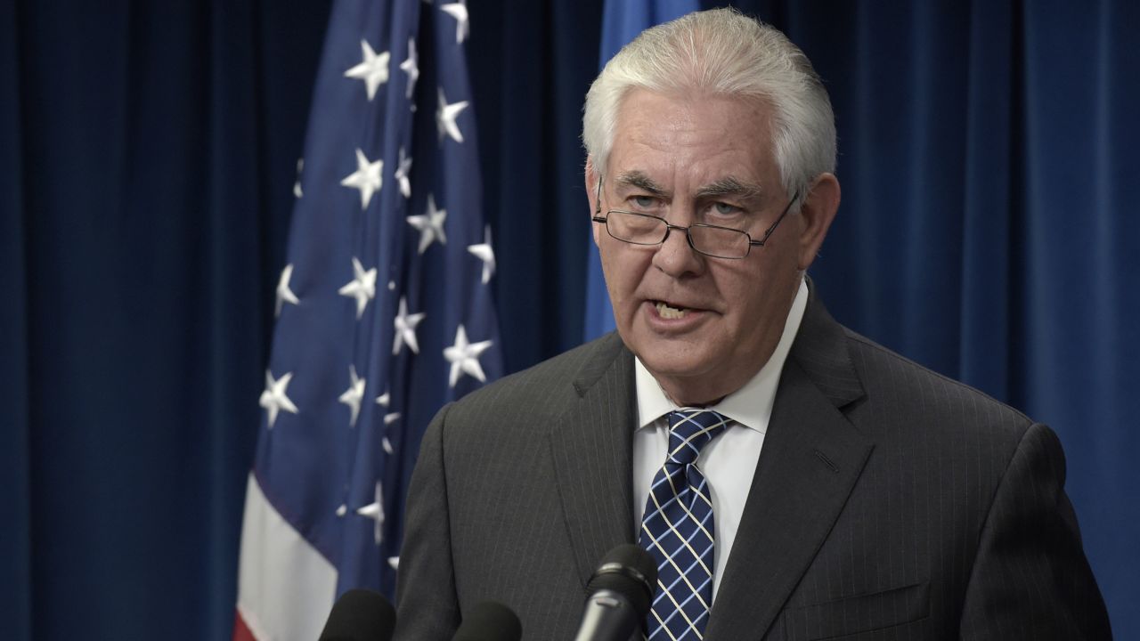 Secretary of State Rex Tillerson makes a statement on issues related to visas and travel, Monday, March 6, 2017, at the U.S. Customs and Border Protection office in Washington. (AP Photo/Susan Walsh)