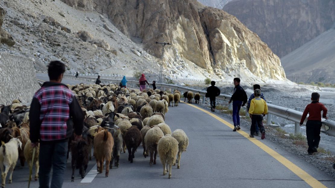 A shepherd moves his flock on the Karakoram Highway.