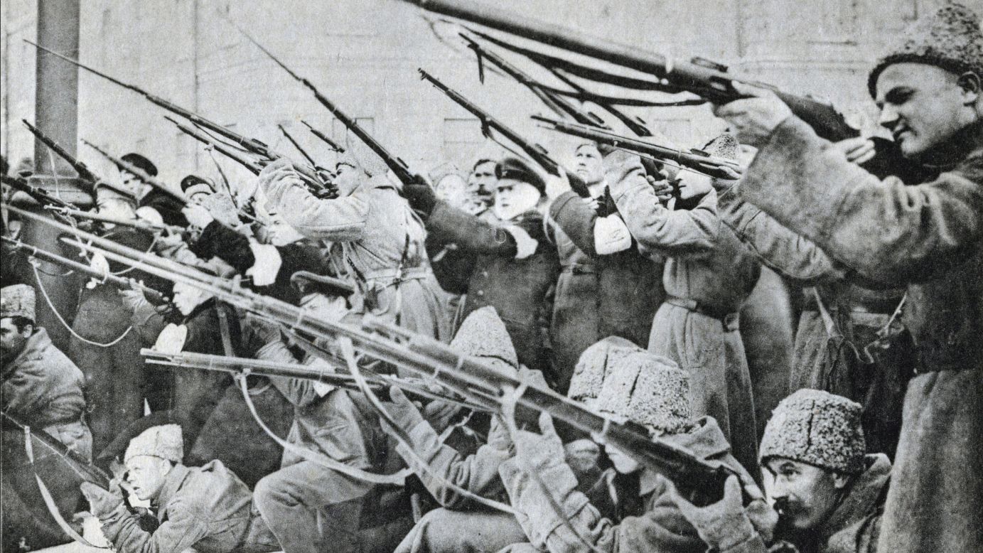During the February Revolution, authorities and protestors clashed on the streets of Petrograd.