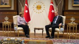 In this handout photo provided by the German Government Press Office (BPA), Turkish President Recep Tayyip Erdogan and Federal Chancellor of Germany Angela Merkel during a meeting in Erdogan's office on February 2, 2017 in Ankara, Turkey.  (Photo byGuido Bergmann/Bundesregierung/ Getty Images)