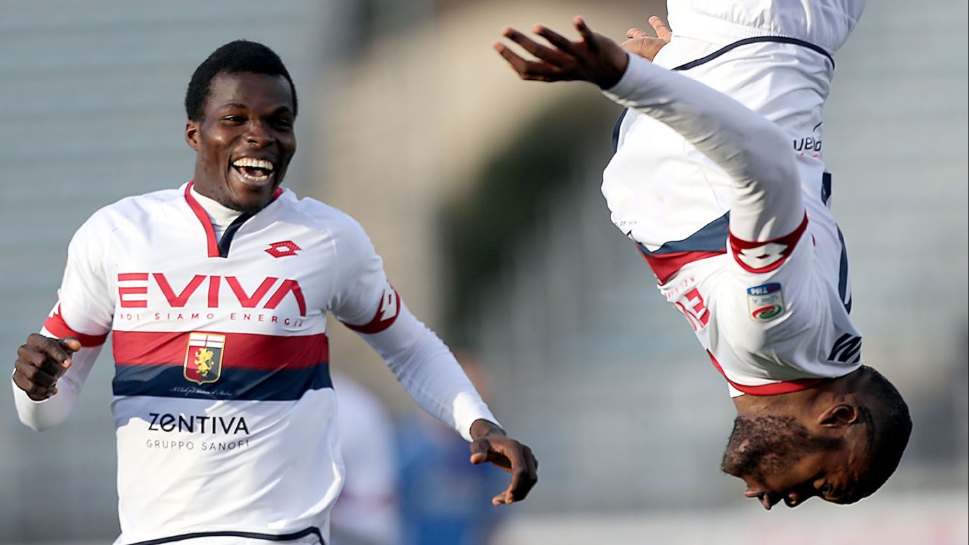 Genoa midfielder Olivier Ntcham does a flip after scoring a goal against Empoli during an Italian league match on Sunday, March 5. Genoa won 2-0.