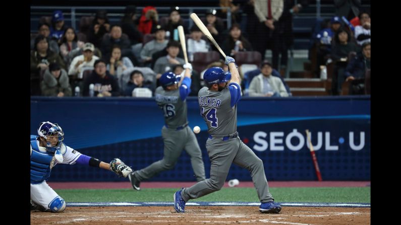 Israel's Cody Decker fouls off a pitch during the World Baseball Classic, which started Monday, March 6, in Seoul, South Korea. Israel upset the host nation 2-1 in extra innings.