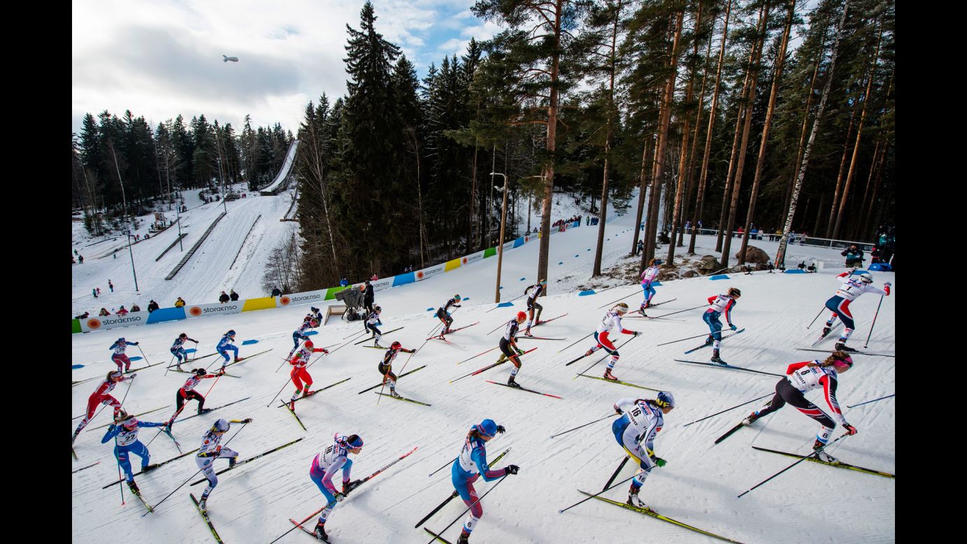 Cross-country skiers climb a hill during a World Championship race in Lahti, Finland, on Saturday, March 4.