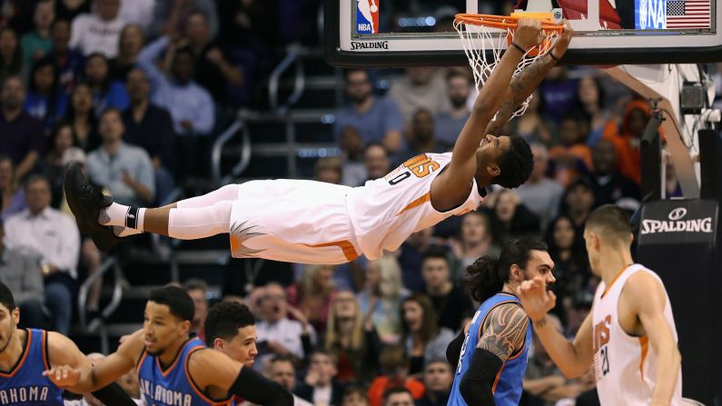 Phoenix's Marquese Chriss slams the ball during an NBA basketball game against Oklahoma City on Friday, March 3.