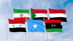 Flags from left to right: Syria, Iran, Somalia, Sudan, Libya and Yemen. 