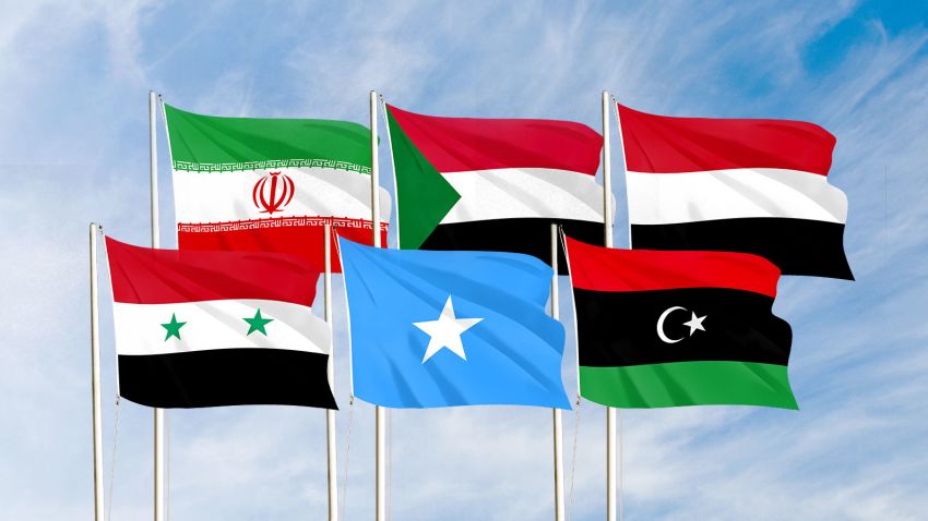 Flags from left to right: Syria, Iran, Somalia, Sudan, Libya and Yemen. An executive order signed Monday by US President Donald Trump bans immigration from these six Muslim-majority countries. 