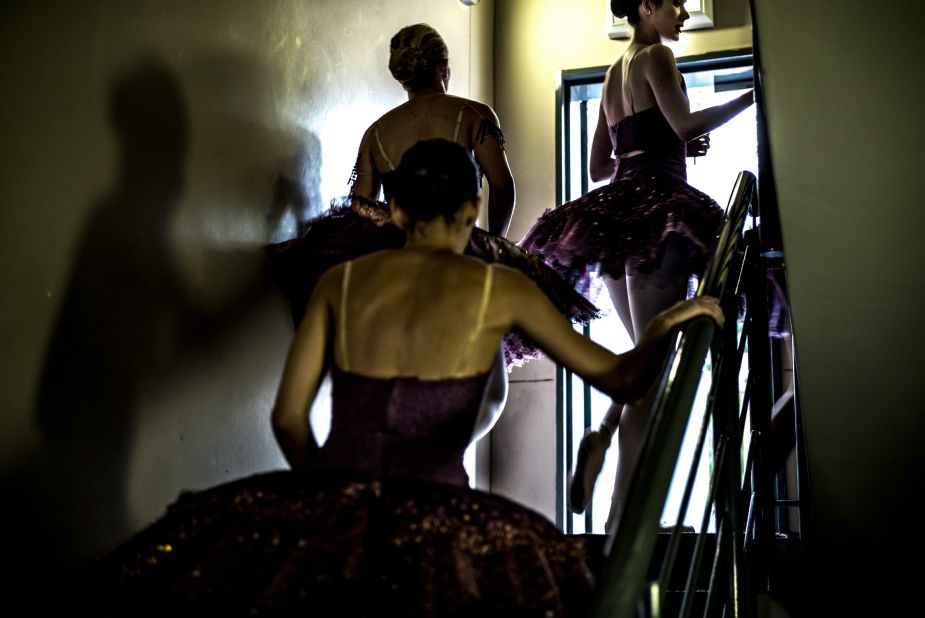  Joburg Ballet and Via Katlehong Dance Company are involved in the promotion of ballet in disadvantaged areas of South Africa.<br /><br />Pictured: Members of the ballet company rush backstage after a performance ahead of an open discussion on dance as a powerful means of change in society. 