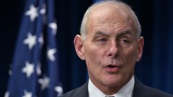 Homeland Security Secretary John Kelly speaks on visa travel at the US Customs and Border Protection Press Room in the Reagan Building on March 6, 2017 in Washington, DC.
