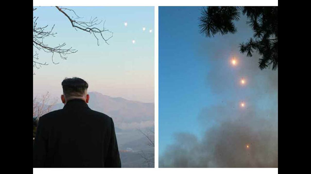 North Korean leader Kim Jong Un appears to watch the launch of the four ballistic missiles on March 6, in a photo from state media.