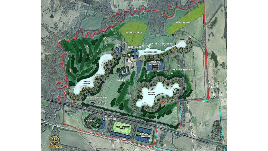 Currently being built in Fannin County, Texas, by Vintuary Holdings, Trident Lakes is part country club and part survival community. It will offer condos that are 90% earth sheltered with above ground amenities, such as a golf course, equestrian center and lagoons. The subterranean offerings include communal greenhouses and a DNA vault.