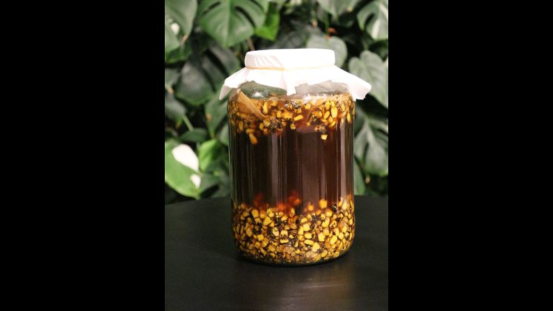 <strong>Juice pairings with food:</strong> Juice pairings have been available at Noma for almost a decade and now it's finally catching on around the world. This is a jar of fermented corn that'll become part of a juice pairing from Restaurant Andre in Singapore.