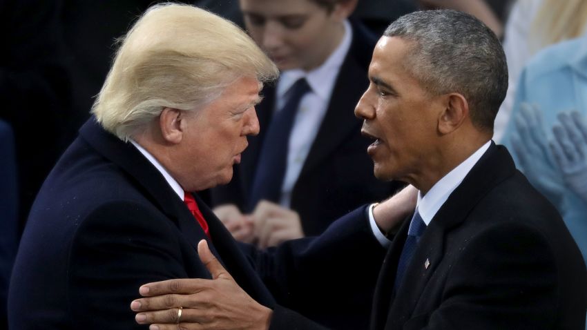 WASHINGTON, DC - JANUARY 20:  Former U.S. President Barack Obama (R) congratulates U.S. President Donald Trump after he took the oath of office on the West Front of the U.S. Capitol on January 20, 2017 in Washington, DC. In today's inauguration ceremony Donald J. Trump becomes the 45th president of the United States.  (Photo by Chip Somodevilla/Getty Images)
