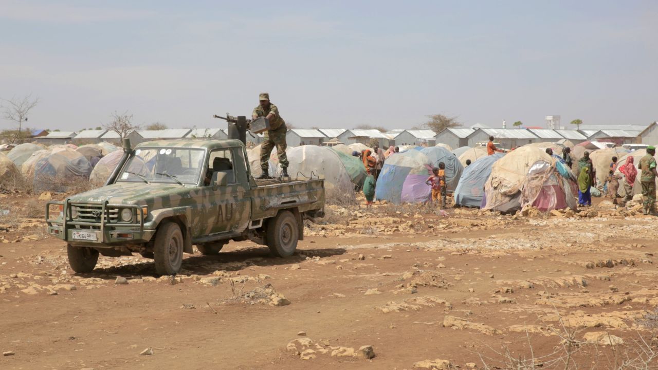 An African Union technical guards a UN mission in Baidoa, Somalia