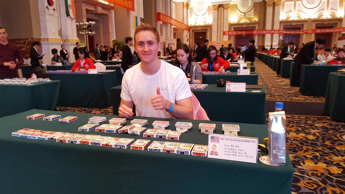 Alex Mullen memorized the order of over 28 decks of cards at the 2015 World Memory Championships in Chengdu, China.