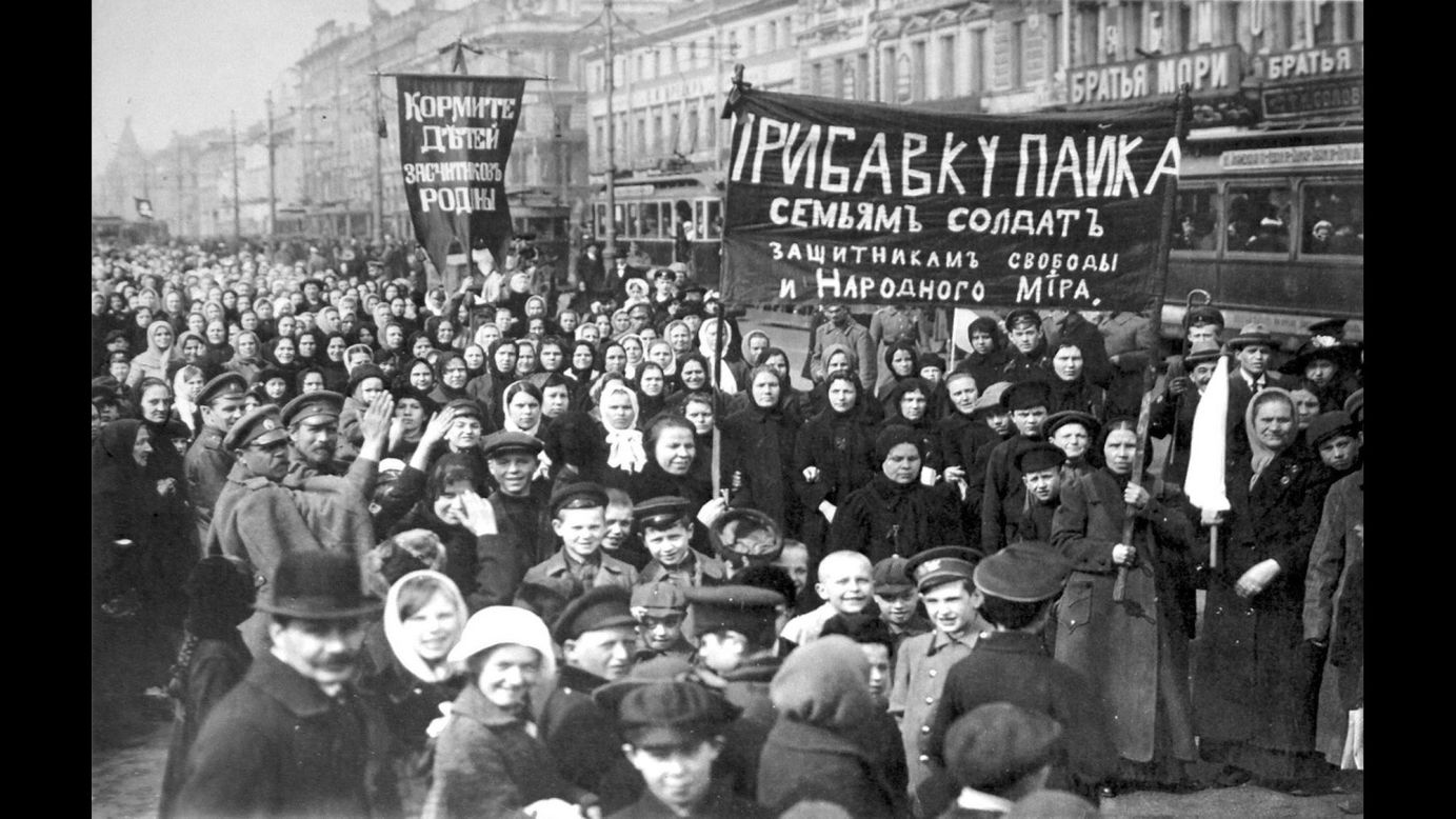 Workers strike in 1917 on the first day of Russia's February Revolution in the capital Petrograd, now known as St Petersburg.