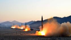 TOPSHOT - This undated picture released by North Korea's Korean Central News Agency (KCNA) via KNS on March 7, 2017 shows the launch of four ballistic missiles by the Korean People's Army (KPA) during a military drill at an undisclosed location in North Korea.Nuclear-armed North Korea launched four ballistic missiles on March 6 in another challenge to President Donald Trump, with three landing provocatively close to America's ally Japan. / AFP PHOTO / KCNA VIA KNS / STR / South Korea OUT / REPUBLIC OF KOREA OUT   ---EDITORS NOTE--- RESTRICTED TO EDITORIAL USE - MANDATORY CREDIT "AFP PHOTO/KCNA VIA KNS" - NO MARKETING NO ADVERTISING CAMPAIGNS - DISTRIBUTED AS A SERVICE TO CLIENTSTHIS PICTURE WAS MADE AVAILABLE BY A THIRD PARTY. AFP CAN NOT INDEPENDENTLY VERIFY THE AUTHENTICITY, LOCATION, DATE AND CONTENT OF THIS IMAGE. THIS PHOTO IS DISTRIBUTED EXACTLY AS RECEIVED BY AFP.  / STR/AFP/Getty Images