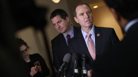 Rep. Adam Schiff (R) (D-CA), ranking member of the House Permanent Select Committee on Intelligence, and Devin Nunes (L) (R-CA), the chairman of the House Permanent Select Committee on Intelligence, answer questions at the U.S. Capitol during a press conference March 2, 2017 in Washington.