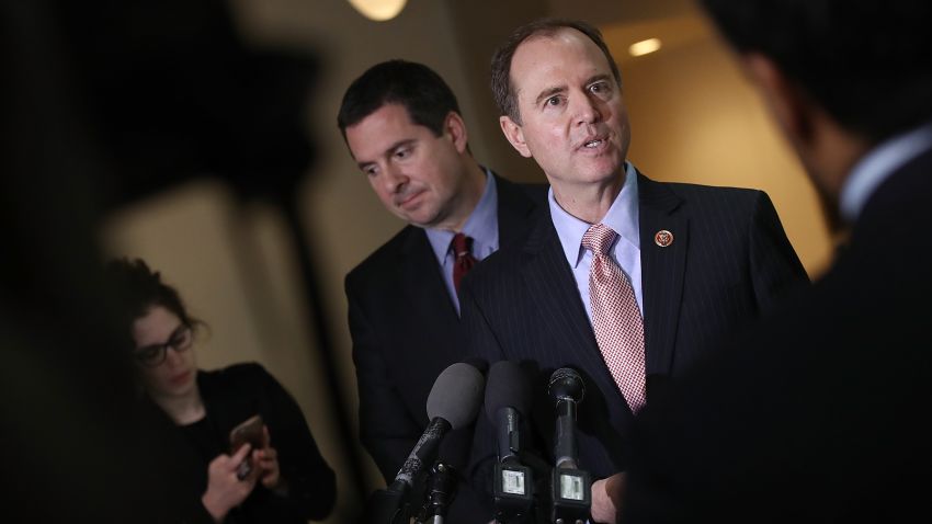WASHINGTON, DC - MARCH 02:  Rep. Adam Schiff (R) (D-CA), ranking member of the House Permanent Select Committee on Intelligence, and Devin Nunes (L) (R-CA), the chairman of the House Permanent Select Committee on Intelligence, answer questions at the U.S. Capitol during a press conference March 2, 2017 in Washington, DC.  Schiff said U.S. Attorney General Jeff Sessions, following reports of Sessions meeting with the Russian ambassador during the U.S. presidential campaign, should resign if it is determined he lied to Congress while under oath during his confirmation hearing.  (Photo by Win McNamee/Getty Images)