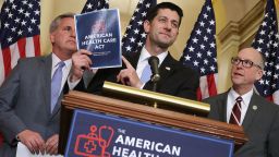 Speaker of the House Paul Ryan (R-WI) (C) holds up a copy of the American Health Care Act during a news conference with House Majority Leader Kevin McCarthy (R-CA) (L) and House Energy and Commerce Committee Chairman Greg Walden (R-OR) outside Ryan's office in the U.S. Capitol March 7, 2017 in Washington, DC. 