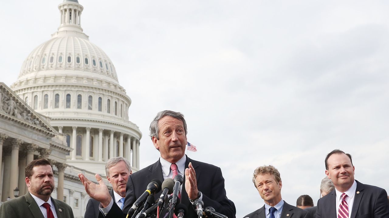 Rep. Mark Sanford (R-SC) (C) speaks about Obamacare repeal and replacement while members of the House Freedom Caucus during a news conference on Capitol Hill, on March 7, 2017 in Washington, DC.