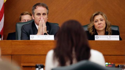 State Sens. Bryan Hughes and Joan Huffman listen to testimony on the bill.