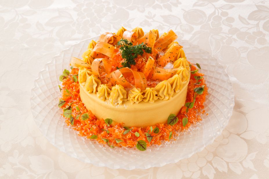 This creation gets its bright colors from carrots. It consists of carrot, white and red radishes and celery. The cream inside? A bagna cauda, made with tofu.