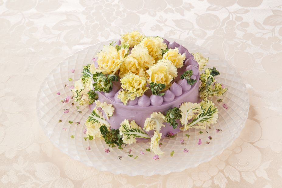 Featuring purple potato flavored with miso, this nutritious creation comes with fennel, burdock, cabbage and taro root, garnished with petit veil.