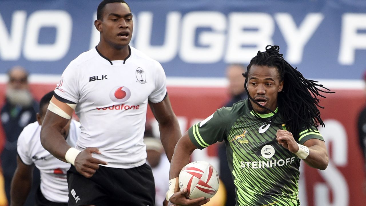 Cecil Afrika of South Africa carries the ball in the Cup Final championship rugby match against Fiji on day three of the USA Sevens Rugby tournament, part of the World Rugby Sevens Series, March 5, 2017 in Las Vegas, Nevada. South Africa won 19-12. / AFP PHOTO / David Becker        (Photo credit should read DAVID BECKER/AFP/Getty Images)