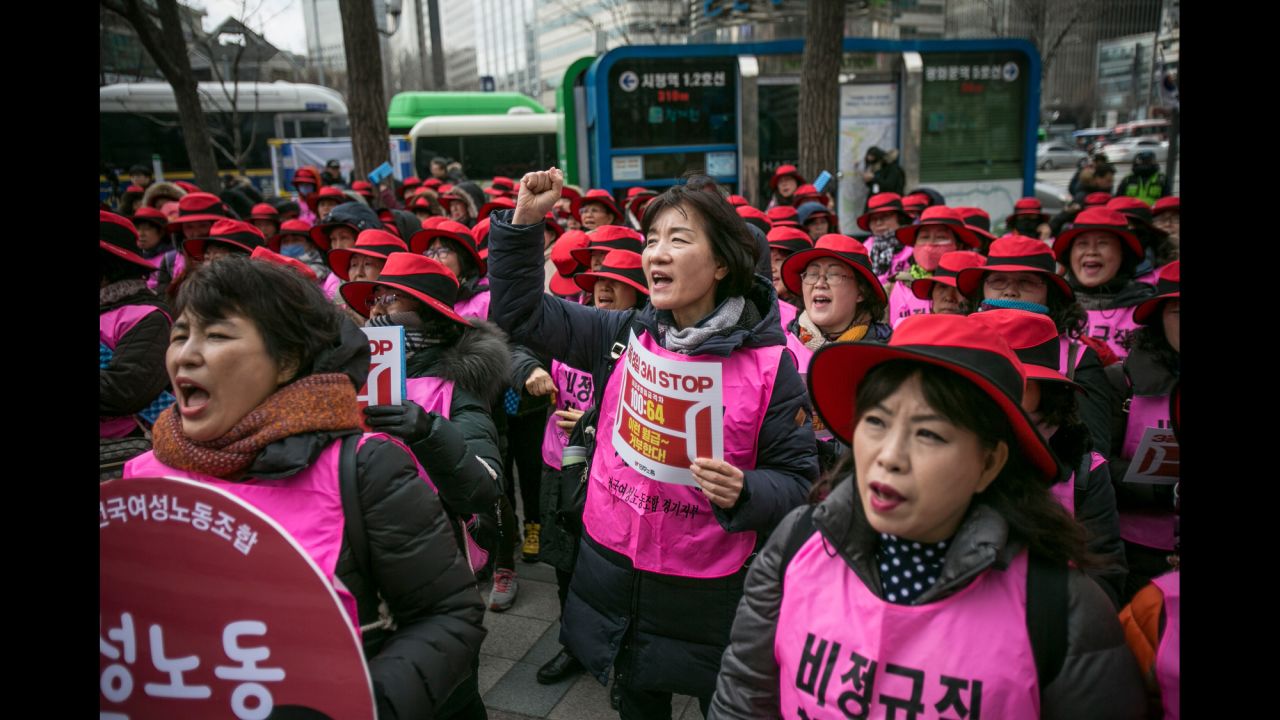 Women in Seoul, South Korea, protest gender inequality and sexual harassment in the workplace. 