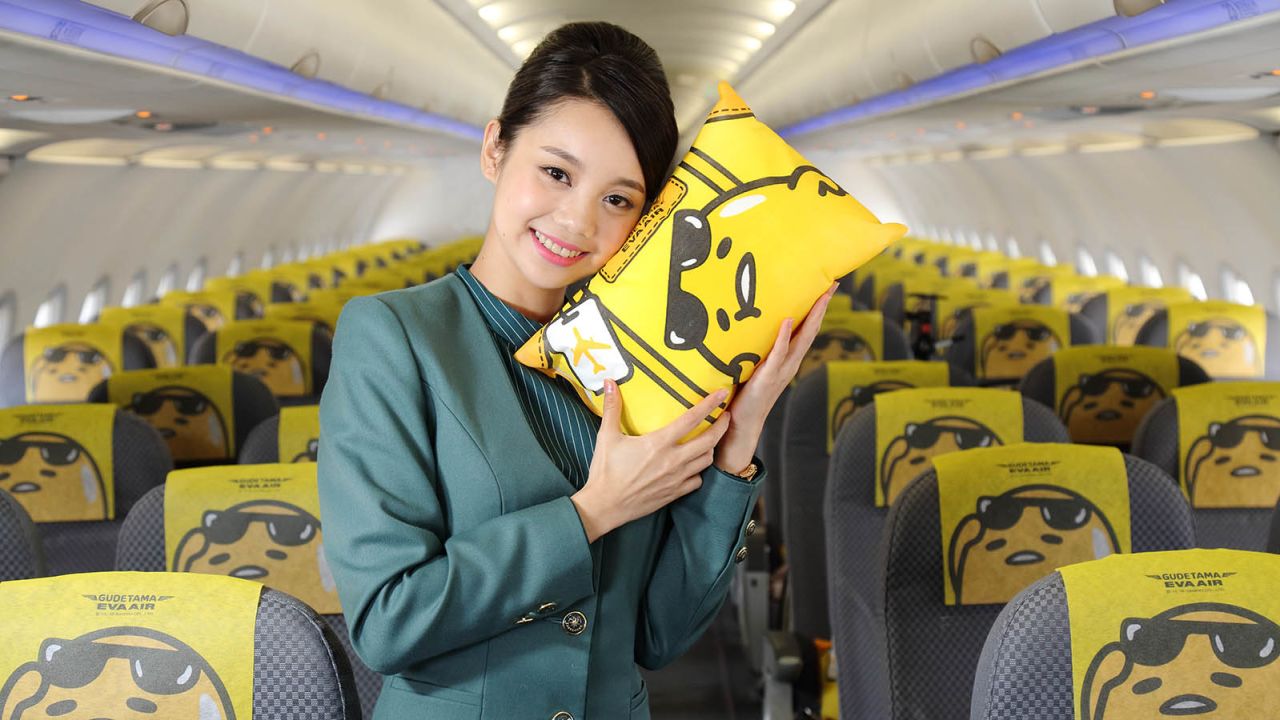 EVA Air's cute Gudetama theme is completed with pillows and headrest covers.